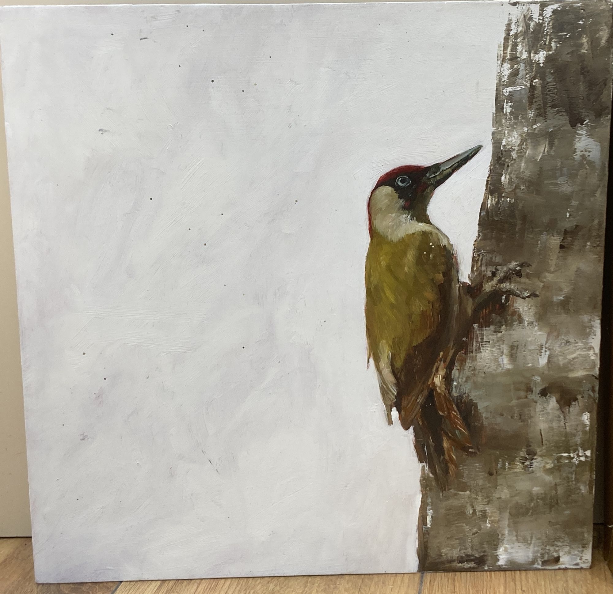 H. Langridge, oil on panel, Green Woodpecker, 30 x 30cm and a panel by Fleur Cowles, Potting Shed II, 53 x 34.5cm